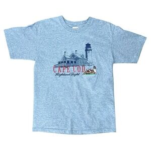 VTG Cape Cod Highland Light T-Shirt Medium‎ Blue Embroidered USA Anvil Retro